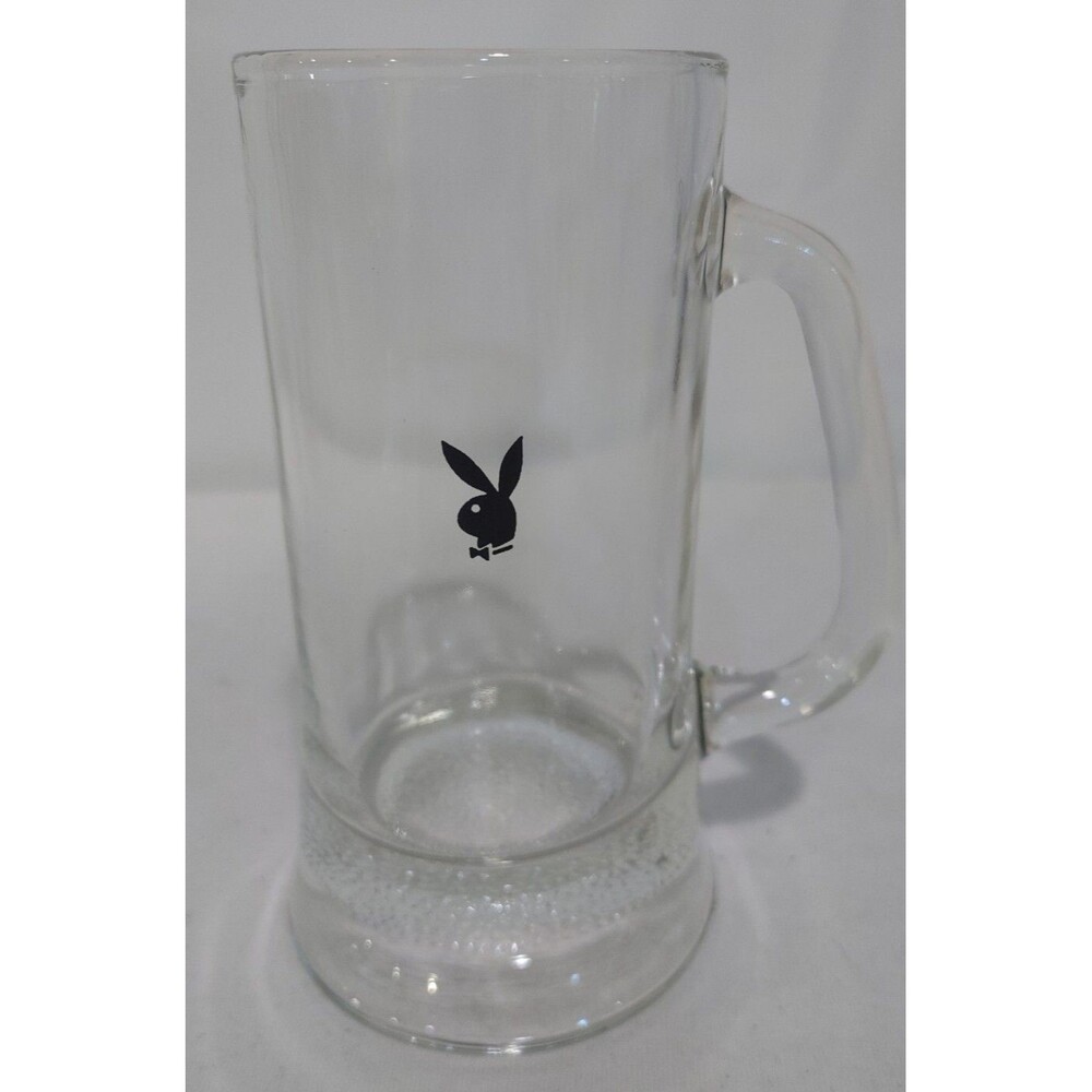 Vintage Playboy Bunny Mug Stein Clear Glass Tankard, Black Bunny 6.5" Tall
